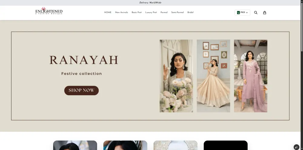 Homepage screenshot of Enlighten — Custom e-commerce website for Enlighten, a clothing brand