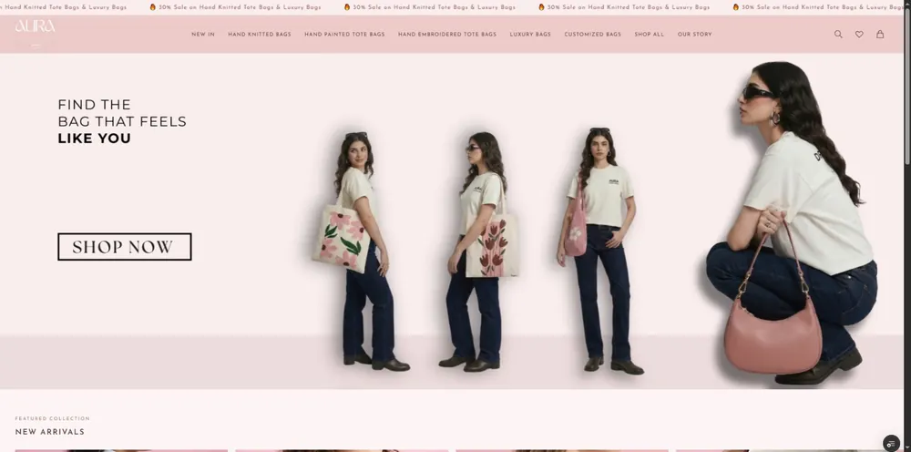 Homepage screenshot of AuraLuxebags — Custom e-commerce store for AuraLuxebags, a bag and accessories brand