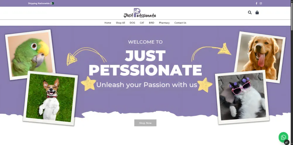 Homepage screenshot of Just Petssionate — Custom e-commerce store for Just Petssionate, a pet supplies brand