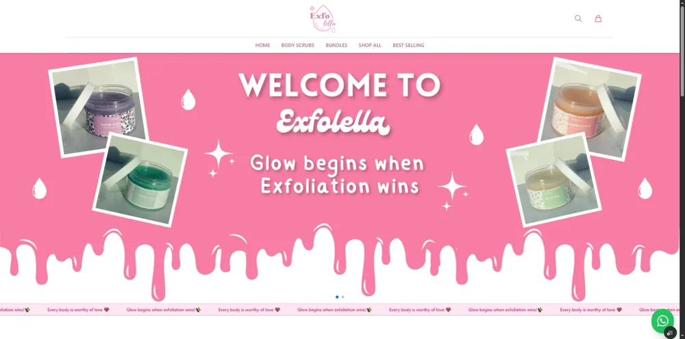 Homepage screenshot of Exfolella — Custom e-commerce website for Exfolella, a beauty and cosmetics brand
