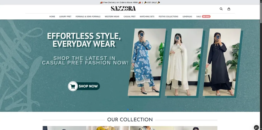 Homepage screenshot of Sazzora — Custom e-commerce website for Sazzora, a clothing brand