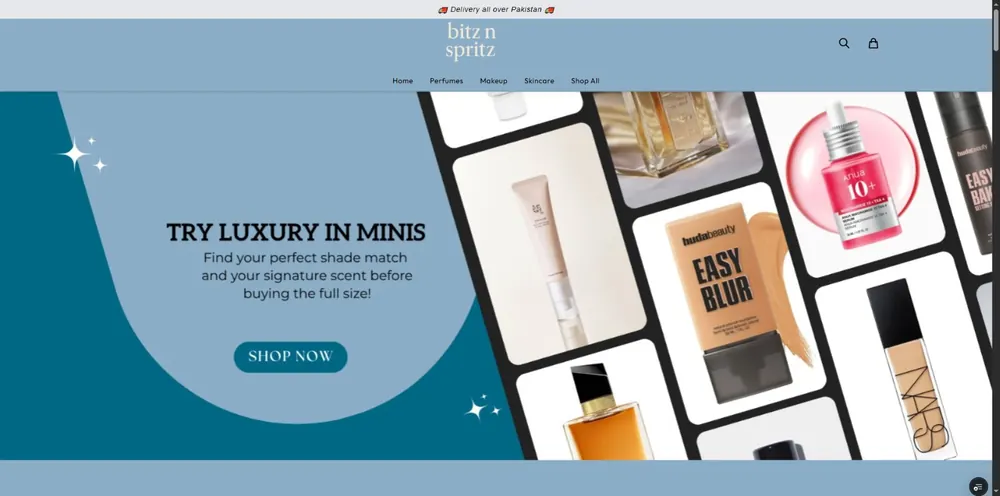Homepage screenshot of BlitzNSplits — Custom e-commerce website for BlitzNSplits, a beauty and cosmetics brand